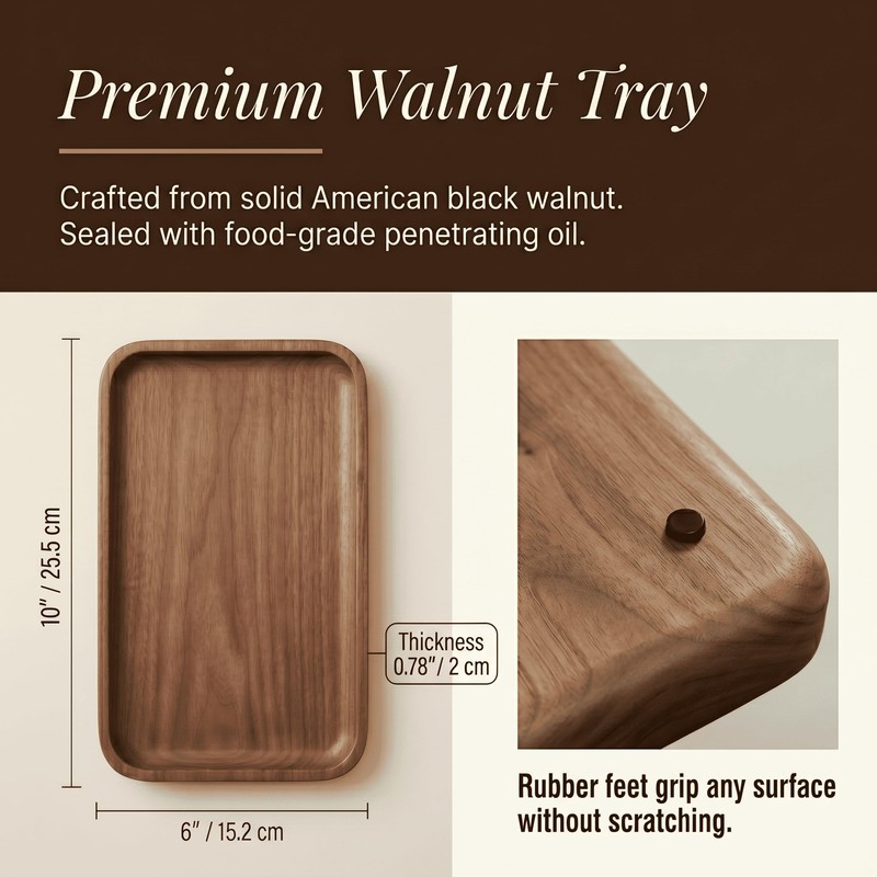 Walnut Wood Tray with Non-Slip Feet, 10 x 6 Inch