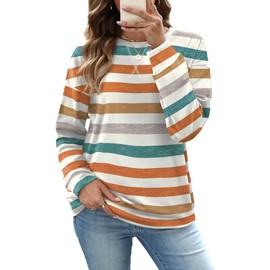 RUMIA Womens Ladies Casual Long Sleeve Crewneck Sweatshirt Loose Fit Plaid Basic Pullover Tunic T Shirts Tops Sweatshirts for Women 2025 Fashion Fall Orange Plaid M