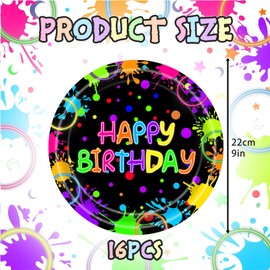 MORAINJAY 16Pcs Neon Birthday Paper Plates for Kids,9inch/23cm Happy Birthday Party Plates,Glow in The Dark Decoration,Glow Party Supplies