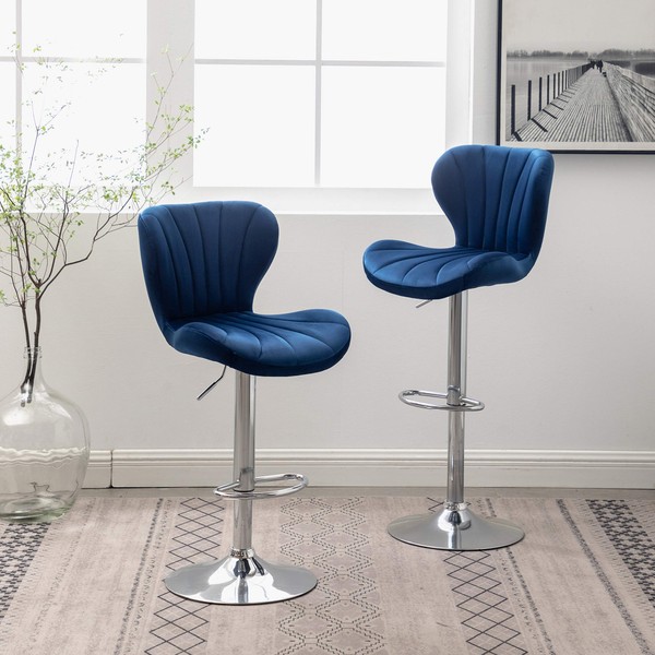 Roundhill Furniture Ellston Velvet Adjustable Swivel Barstools in Blue, Set of 2