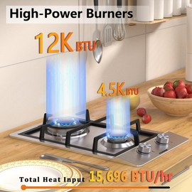 KOXKING Gas Cooktop 12 inch, Built-in Gas Stove Top with 2, 12 Inch NG/LPG Convertible Cooktops, Dual Burner Propane Cooktop with Thermocouple Protection, Stainless Steel