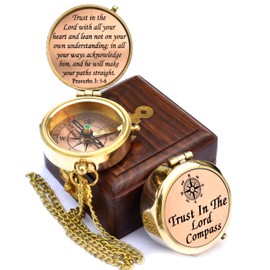 Trust in The Lord with All Your Heart -Proverbs 3: 5-6 Quote Engraved Compass with Wooden Box,Camping Compass, Gift Compass, Graduation Day Gifts 2024 Compass for Women Mens Boy Girls