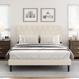 CXVX Queen Size Bed Frame with Diamond Tufted Headboard, Velvet Upholstered Platform Bed and Wooden Slat Support, Noise-Free, No Box Spring Needed, Easy Assembly, Beige