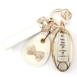 Rayslesan Key Fob Cover with Leather Holder Compatible with Airtag/RFID,Compatible with Nissan Altima Armada Murano Pathfinder Rogue Sentra,RFID Protector,Car Key Accessories(5-Button, Gold White)