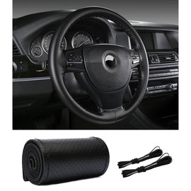 Car Stitch Steering Wheel Cover,Leather Steering Wheel Wrap with Needle and Thread,Anti Slip DIY Kit Steering Wheel Cover Men & Women for Car Interior Decoration (Black)