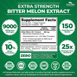 Zazzee Extra Strength Bitter Melon 25:1 Extract, 9000 mg Strength, 10% Bitter Principles, 150 Vegan Capsules, Standardized and Concentrated 25X Extract, 100% Vegetarian, All-Natural and Non-GMO