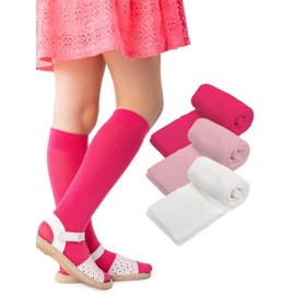NOQ 3 Pack Girls 100 Denier Ribbed Knee High Socks Soft Warm Stretchy Viscose Blend Available in Fashionable Colours for Everyday Comfort for Kids, Bianco/Raspberry/Rose