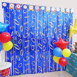Cartoon Hedgehog Birthday Party Decoration, 2 Pack Hedgehog Party Backdrop Photo Booth Prop, Blue with Gold Ring Print Fringe Curtains Tinsel Photo Streamers for Hedgehog Theme Party Decor Supplies