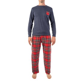 PLATINUM MENSWEAR Outdoor Life Men's Soft Matching Flannel Plaid Pajama Set with 2 Pocket and Adjustable Drawstring Pants (Navy Top with Red Plaid Pant, Large)