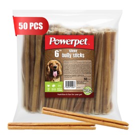 Powerpet 100% Natural Steer Stick - High Protein Bully Stick, Low Fat, Healthy Dog Treats, Long-Lasting Dog Chews, Easily Digestible, Cleans Teeth, Low Odor, for All Breeds & Sizes, 6" - 50 Count