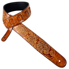 Walker And Williams GB-31 Handmade Latigo Tan Padded Guitar Strap with Vintage Paisley Pattern For Acoustic, Electric, And Bass Guitars, Latigo Tan, Regular