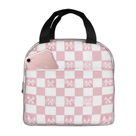 DADABULIU Lunch Bag Pink Check Bow Pattern Insulated Lunch Box Cooler Tote for Adults Student Boys Girls Women Men Work Office School Picnic Beach Reusable Lunchbox Over 3 Years Old