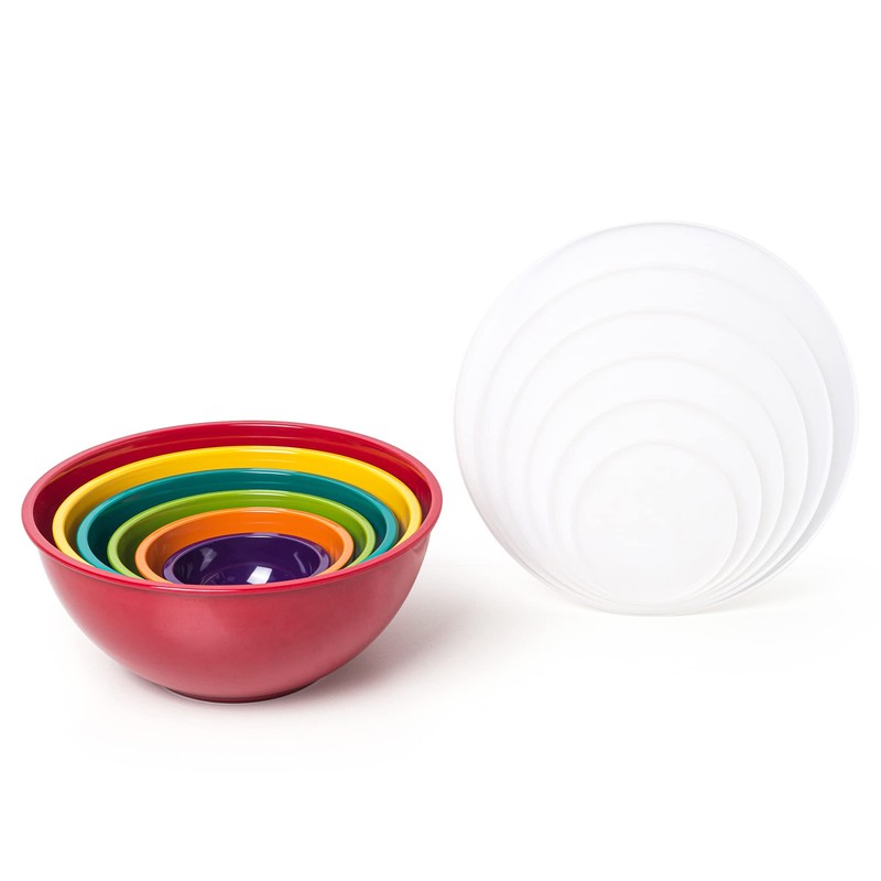 KOXIN-KARLU 6-Piece Nesting Melamine Mixing Bowl Set with Lids, Multicolor