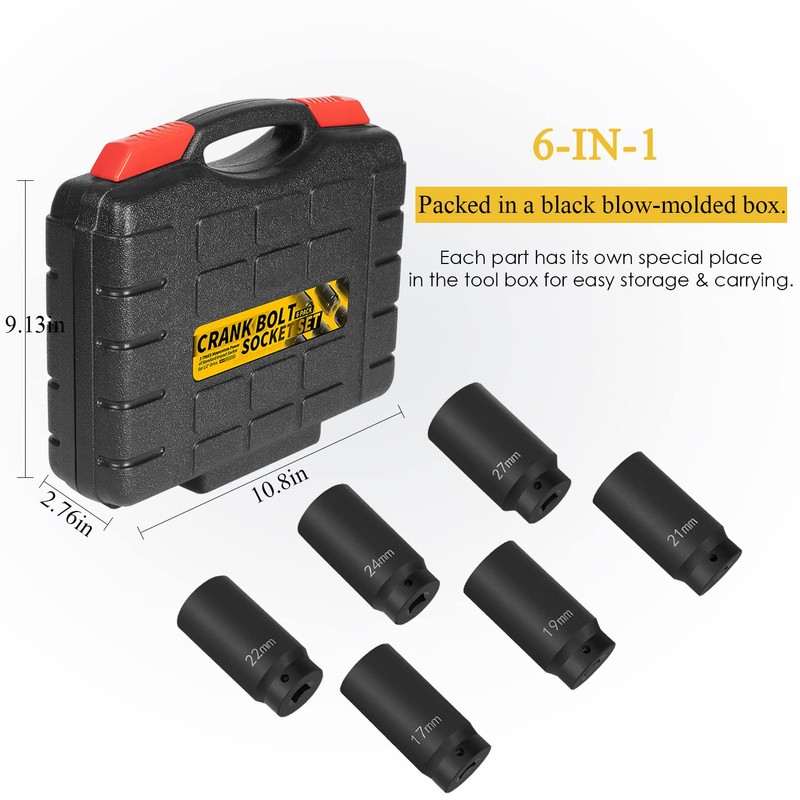 6 Pack 1/2" Crank Bolt Socket Set, 17MM, 19MM, 21MM,