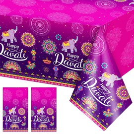 2 Pcs Diwali Decorations for House Tablecloth Set Vibrant Pink Purple Tones Indian Elephants, Oil Lamps, and Mandala Patterns, Brightening Your Festive Table and Creating a Joyful Happy Atmosphere