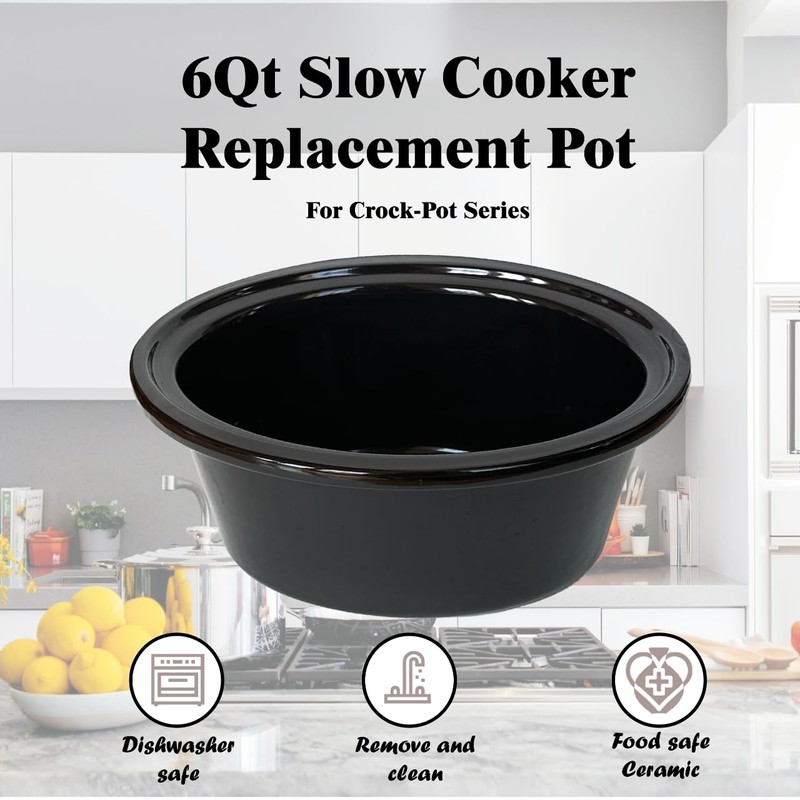 6qt Slow Cooker Ceramic Pot Replacement, Compatible with Crockpot Models