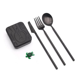 Outlery | Portable Camping Cutlery | Reusable Stainless Steel Travel Cutlery Set with Case | Pocket Sized, Durable and Easy to Clean (Black), Cutlery Set for 4