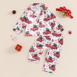 Nokpsedcb Kids Christmas Pajamas Toddler Girl Boy Cute Santa Claus Button Up Shirt Top Long Pants Loungewear Sleepwear (White,18-24 Months)