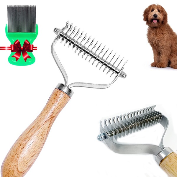 Pet Hair Brush with Wood Handle and a Small Comb