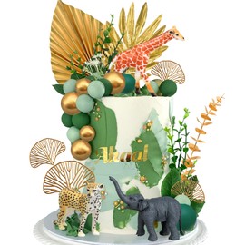 26 decoraciones de animales de la selva para tartas de animales de safari, juguetes de cifras de animales de safari, púas de palmeras doradas, selva, salvaje, un animal, decoración de pastel para baby shower, safari, fiesta de día festivo (estilo 1)