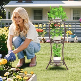 iDavosic.ly 3 Tier Tall Metal Plant Stand Indoor Outdoor, Wrought Iron Corner Flower Pot Holder Shelf, 34 Inch Vertical Display Rack for Patio Porch Living Room Garden, Bronze