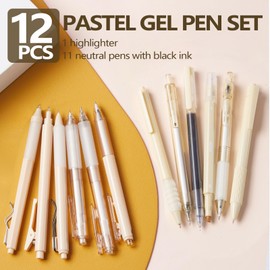 Christmas Stocking Stuffer for Girls, Beige Gel Pen Set Pack of 12,Cute 0.5 mm Fine Tip Retractable Black Ink Pens with 1Pack Dual-Tip Highlighter for Writing, School Office Supplies (Beige)