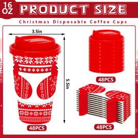 JarThenaAMCS 48 Set Christmas Disposable Coffee Cups with Lids and Sleeves Red Sweater Mitten Paper Drinking Cups for Xmas Winter Holiday Party Supplies