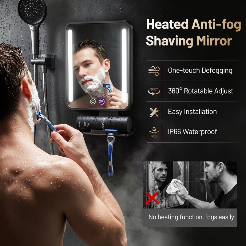 Shower Mirror Fogless for Shaving, Anti-Fog Shaving Mirror with Light
