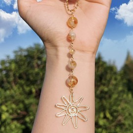 Pyotivol Car Rear View Mirror Accessories Sunny Car Hanging Ornament, Clear Yellow Aventurine Rearview Decor Charm Beaded Crystal Cute Boho Handmade Swinging Interior Decor for Women Men