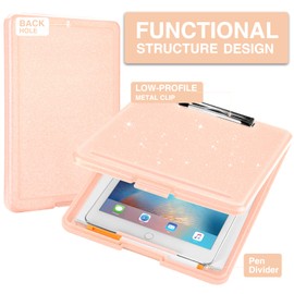 Sooez Glitter Clipboard with Storage, Plastic Storage Clipboard with Low Profile Clip, Durable Nursing Clip Board 8.5x11, Cute Clipboard Case with Compartment, Smooth Writing, Letter Size A4 for Women