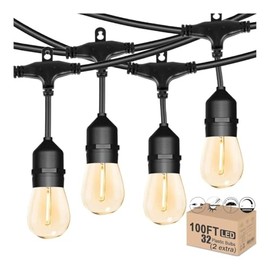 LumeGen 100ft Heavy-Duty S14 String Light - 30 E26 Sockets - 20AWG Wire - 1W Filament LED Bulbs - Warm White 2700K - Outdoor Patio Lighting - Weatherproof & Dimmer-Compatible