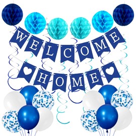 bng-bng Welcome Home Decorations,Blue Welcome Home Banners Balloons Honeycombs Swirls Decoration Set,for Welcome Back Home Baby Shower Party Decorations Blue
