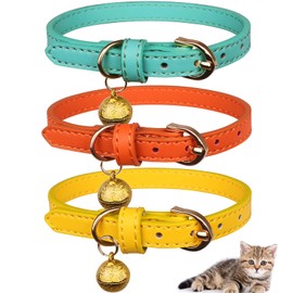 3 Pack Leather Cat Collars with Bells Soft Pet Safety Collar Kitten Collars with Bell Orange Yellow Mint Green(S)