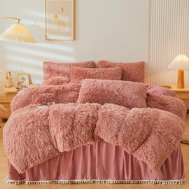 ERLOXO Fluffy Dusty Rose Faux Fur Comforter Cover Set，Fluffy Fuzzy Plush Dusty Rose Bedding 3Pcs (1 Faux Fur Duvet Cover +2 Fuzzy Pillowcases) Dusty Rose Fluffy Bed Set(Dusty Rose, Queen)
