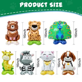 7 Pcs Giant Stand Zoo Animals Balloons,Large Peacock Bear Cat Zebra Leopard Dog Giraffe Foil Balloons For Wild One Safari Zoo Jungle Theme Party Baby Shower Birthday Party Decorations