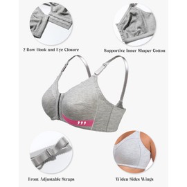 HACI Women's Front Closure Cotton Bra Wirefree Unpadded Full Coverage Everyday Bralette(Grey,36DD)