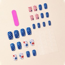 4th of July Press on Nails Short Square Fake Nails Independence Day Acrylic Nails with Red Blue Line & Star Designs Glossy Stick on Nails for Women Girls 4th of July Parade Manicure 24Pcs