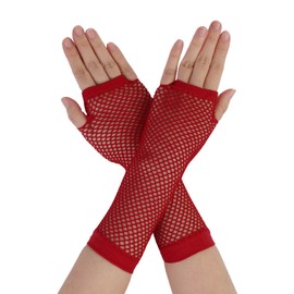 sourcing map Damen Fingerlose Mesh 1980er Kostümparty Kostümzubehör Netzhandschuhe 2 Paar rot Long-2 Pairs
