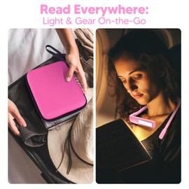 Pink Neck Light with Storage Case, 10-80Hrs Eye-friendly Book Reading Light, Knitting Crochet Sewing Craft Light Rechargeable Adjustable, Christmas Birthday Gifts for Book Lovers Knitters Crafters
