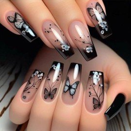 Black Gradient Butterfly Press on Nails Ballerina Long Square Fake Nails with Glue Glossy Full Cover Stick on Nail for Women Artificial Acrylic False Nail
