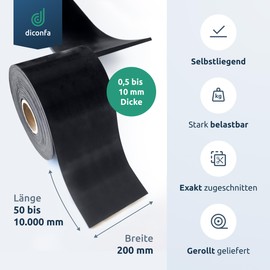 diconfa Rubber Strip Width 200 mm (20 cm) – Choice – Thickness: 1 to 20 mm – Length: 0.05 to 10 m – Selection: 200 mm (20 cm) Long, 2.5 mm Thick – Rubber Mat Sold by the Metre Narrow Rubber Base