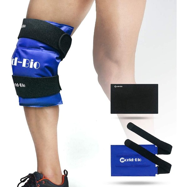 WORLD-BIO Knee Ice Gel Pack Wrap for Injuries, Reusable Cold Hot Therapy for Leg Thigh Shin Elbow Pain, 2 Elastic Neoprene Straps & Medical Freezable Compression Pad Support for Post Surgery Recovery