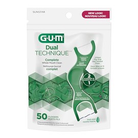 GUM - Hilo Dental Dual Technique con Mango Ergonómico, Sabor Menta - Limpieza de Dientes Delanteros y Posteriores - 50 Unidades