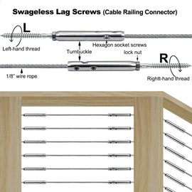 Iutuuk Swageless Tensioners for Wood Posts Cable Railing Hardware Kit, for 1/8 Stainless Steel Cable Rrailing System, Swageless Lag Screws Left & Right 10 Pairs