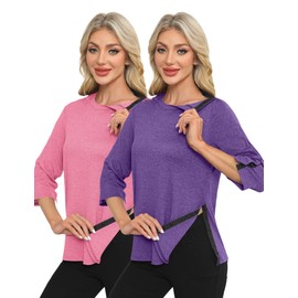 Poriff Chemo Port Shirts Post Surgery Clothing for Women Tear Away 3/4 Sleeve Shoulder Surgery Recovery Supplies 2 Pieces M