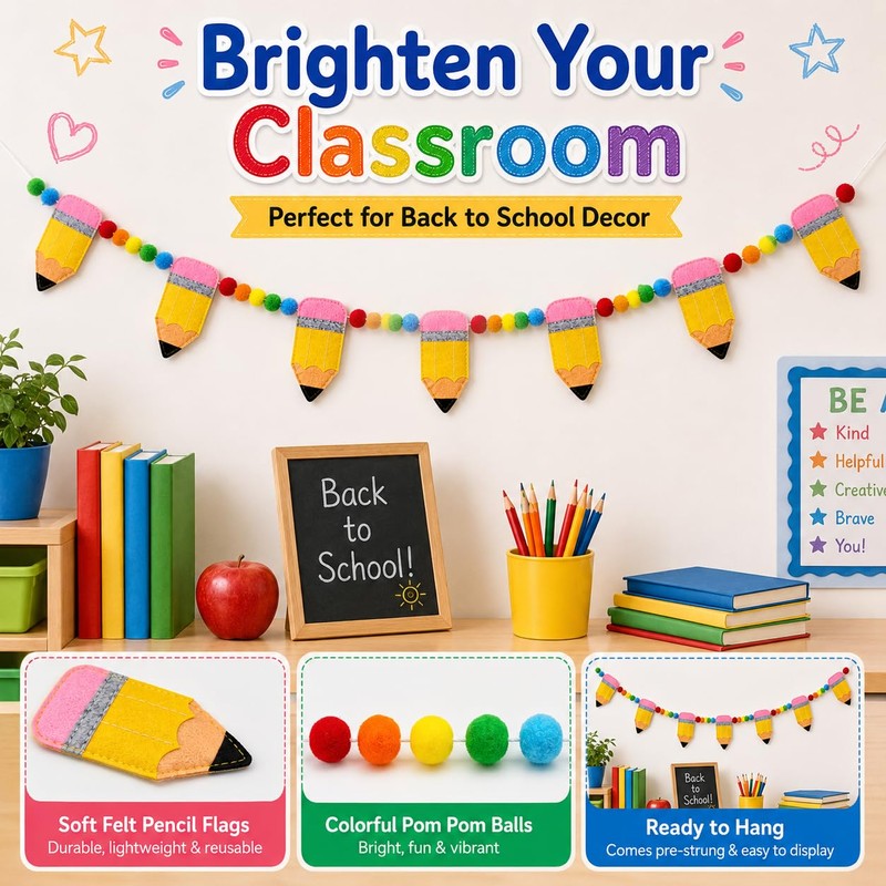 Back to School Classroom Garland Felt Pencil Pom Pom Hanging