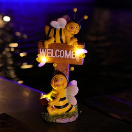 AVEKI Solar Garden Bee Statues Outdoor Decor Welcome Board Porch Decorations with Solar Light Waterproof Garden Decor for Yard Art Lawn Patio Balcony Women Garden Gifts for Mom Grandma