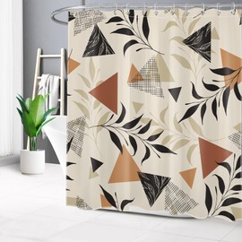 LB Black and Brown Shower Curtain for Bathroom, Mid Century Minimalist Plant Leaf and Tan Abstract Geometric Fabric Shower Curtain with Hooks, Modern Bathroom Curtain Shower Set, 72" W x 72" L