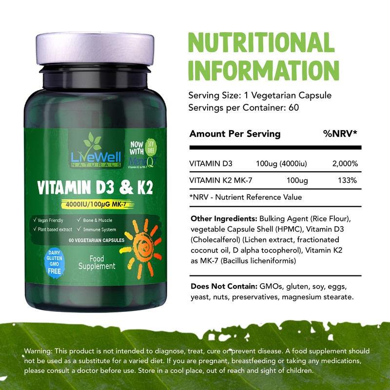 Vegan Vitamin D3 4000iu and Vitamin K2 MK7 100µg High