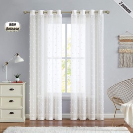 Beauoop Grey Voile Chiffon Sheer Window Curtain Panels Embroidered with Pom Pom Juvenile Window Drapes Elegant Eyelet Window Treatment for Living Room Bedroom Girls Room, Set of 2, 54" W x 90" L, Grey